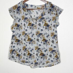Lucky Brand Yellow Blue Floral Blouse Keyhole Flutter Sleeve - Women’s US L